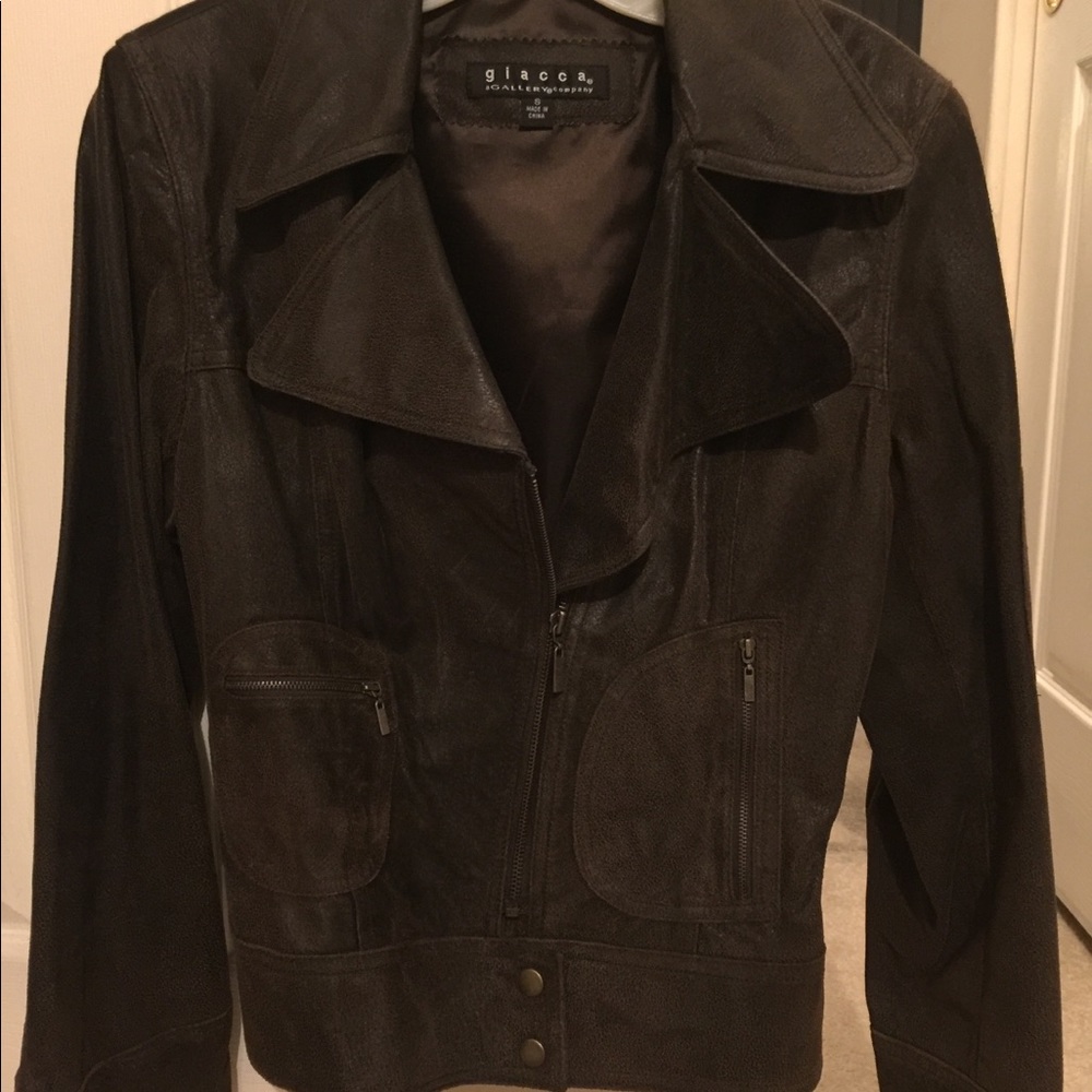 Ladies brushed brown leather motorcycle jacket